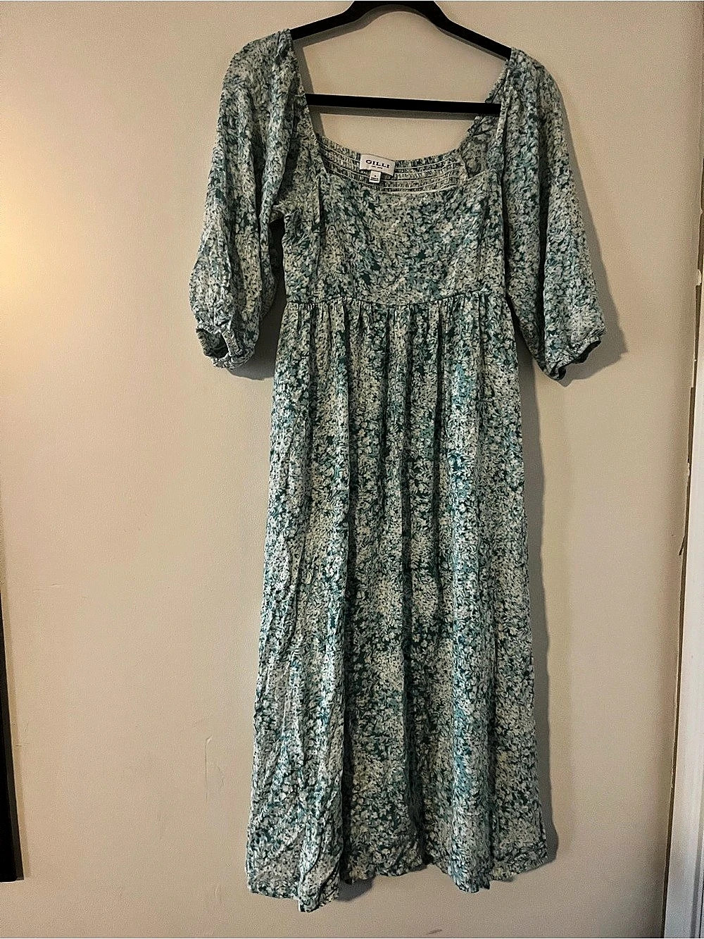 Blue Ditsy Floral Puff Sleeve Smocked Midi Dress Small Cottagecore Prairie